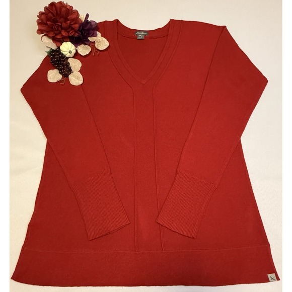 Eddie Bauer Women's Red V-Neck Long Sleeve Warm Work Top Sweater, Size Medium - Picture 1 of 10